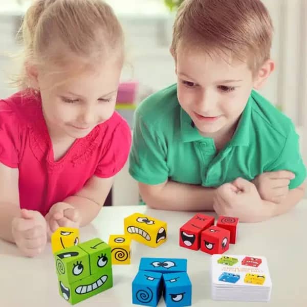 Wooden Cartoon Face Change Puzzle - Challenging Game for Kids